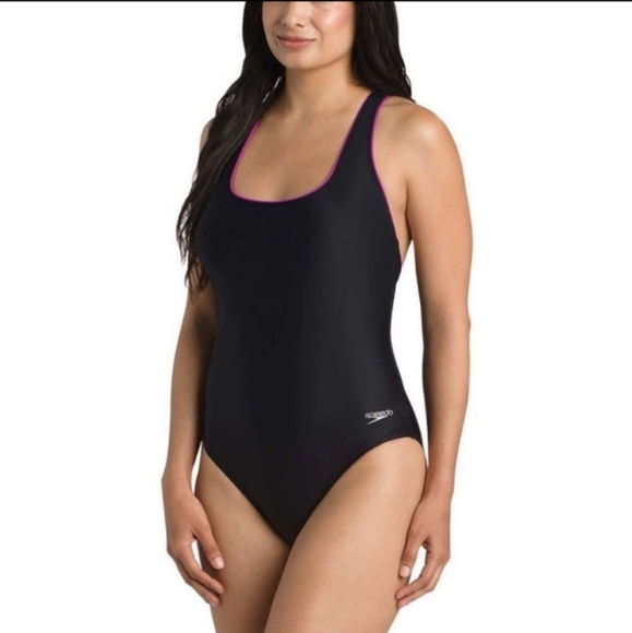Speedo Ultraback Swimsuit Black with Hot Pink Piping One Piece Racerback Size 18 - Picture 16 of 16